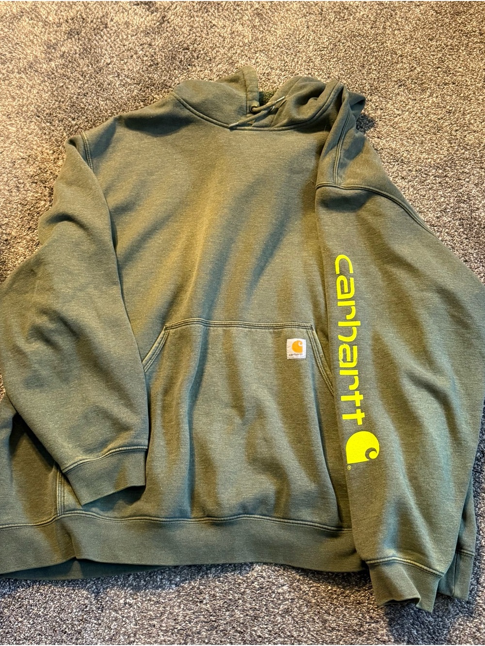 Carhartt Olive Green Hoodie with Yellow Logo Sleeve